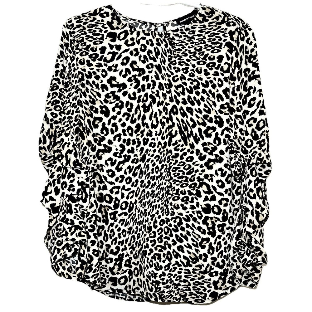 Fifteen Twenty Leopard Print Blouse Small Black White Flowy Ruffle Sleeve
